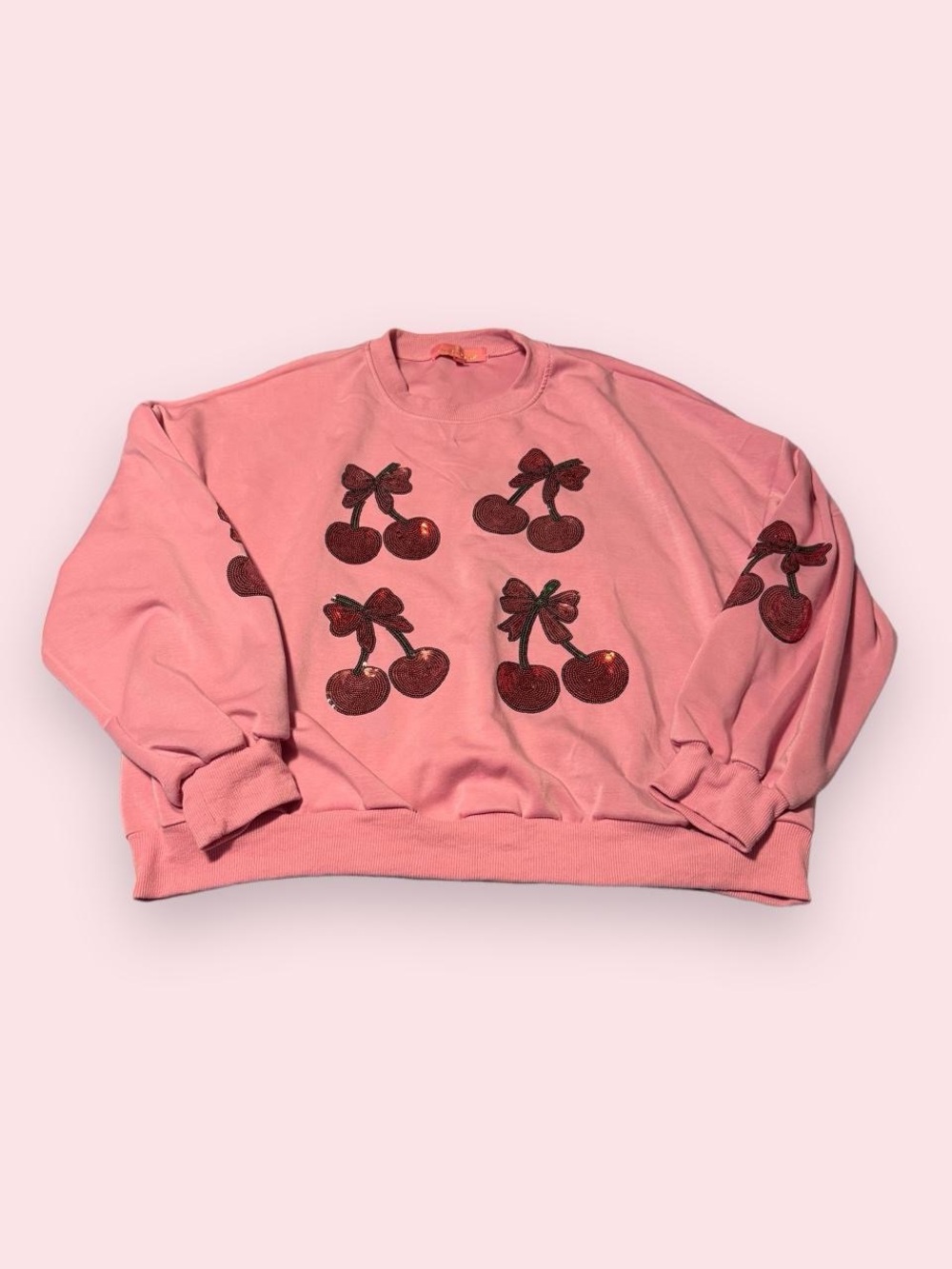Simply Southern Pink Crewneck with Red Sequin Cherries